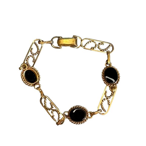 Van Dell Jewelry - Vintage Van Dell 14K GF Yellow Gold Filigree Jet Black Onyx Link Bracelet 7 1/2"